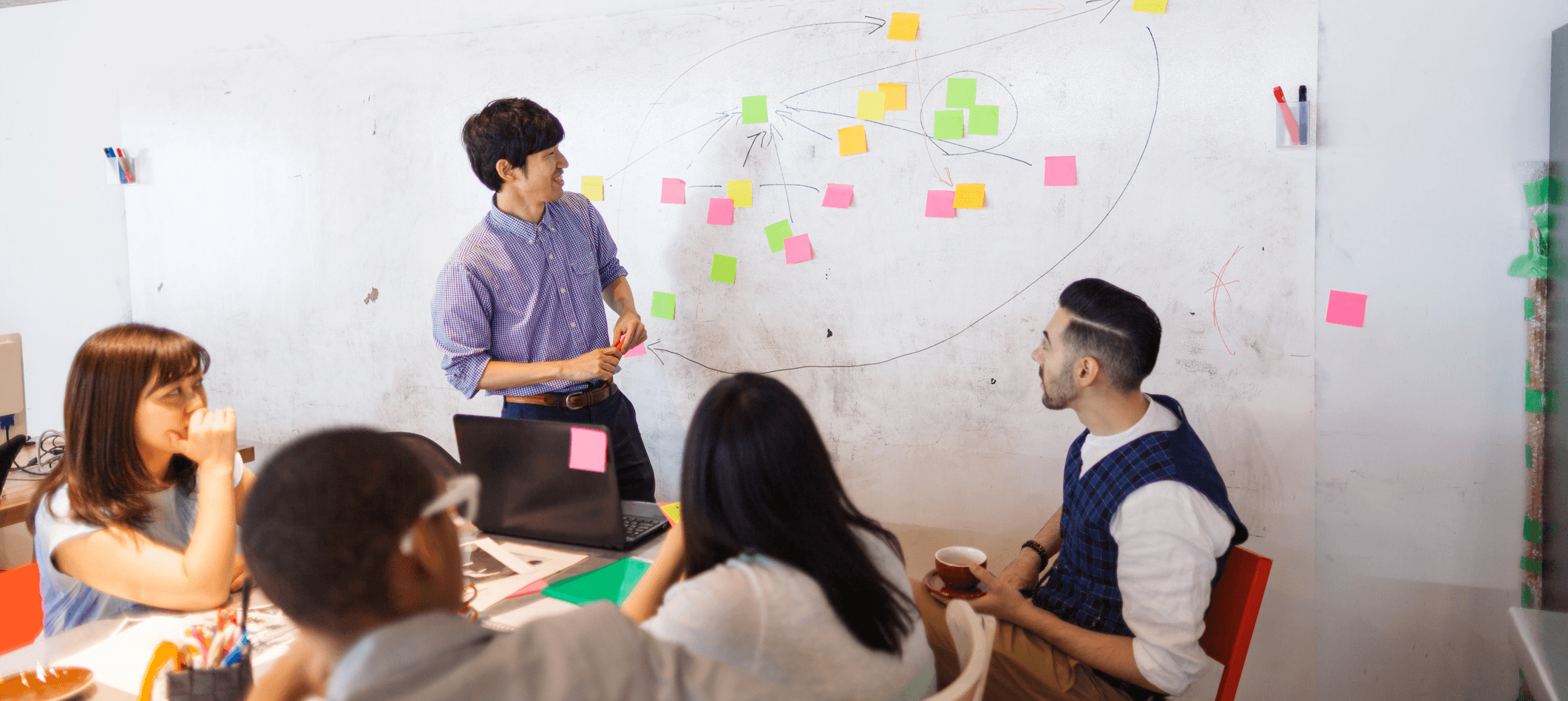 Business man presents information on with sticky notes on whiteboard to four team members sitting at a table