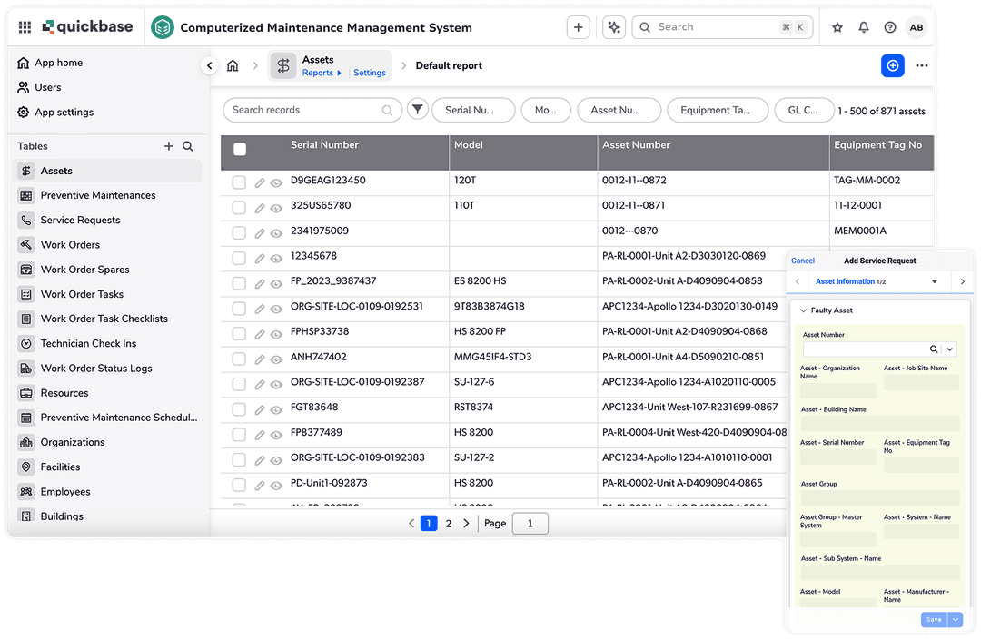 Computerized maintenance management system assets and mobile add service request layered product screenshots