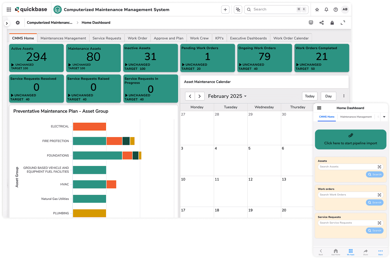 Computerized maintenance management system desktop home and mobile layered product screenshots