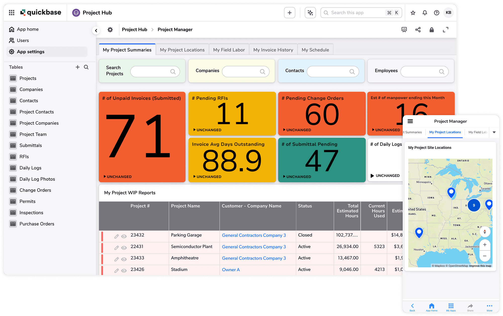 Project hub dashboard and mobile map layered product screenshots