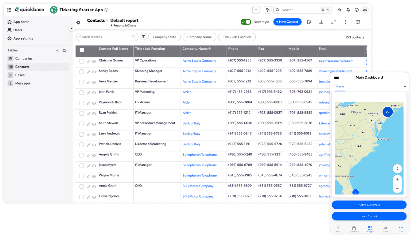 Ticketing starter app desktop contacts report and mobile map screenshots layered